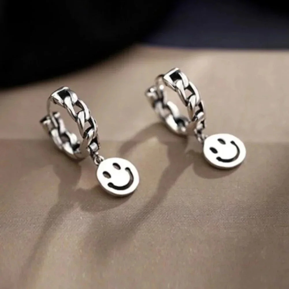 925 Sterling Silver Happy Face Hoop Huggie Earrings Chain Link Smile Earrings